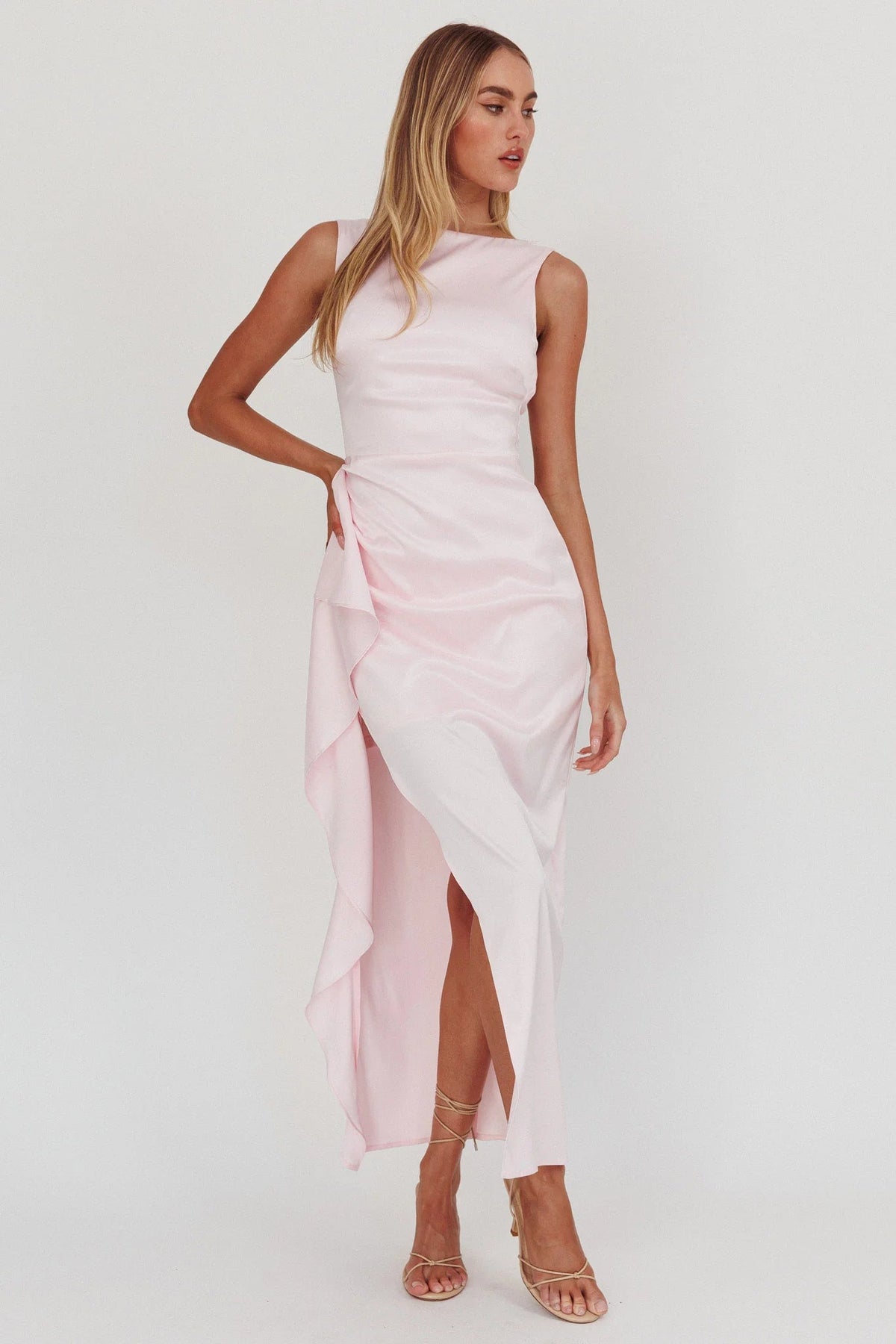 Kamillia Boat Neck Split Maxi Dress Ice Pink