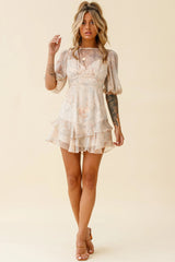 She Knows Puff Sleeve Ruffle Trim Dress Botanic Print Nude