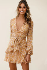 Kerry Layered Balloon Sleeve Dress Floral Print Mustard