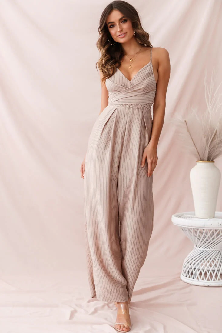 Nancy Wide Leg Pinstripe Jumpsuit Mocha