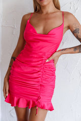 Harriet Cowl Neck Ruched Satin Mini Dress Hot Pink