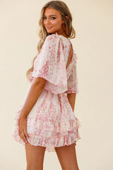 Stars Aligned Angel Sleeve Drawstring Waist Dress Star Print Pink