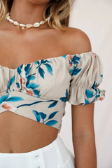 Linka Off-Shoulder Tie-Back Crop Top Floral Print Mocha