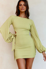 Talk Of The Town Long Lantern Sleeve Side Tie Bodycon Dress Olive
