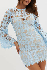 Reinhart Flared Sleeve Crochet Lace Dress Baby Blue