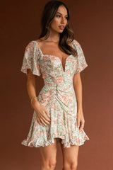 Leona V-Bust Frill Mini Dress Floral Peach