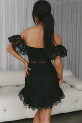 Remi Frill Shoulder Embroidered Dress Black