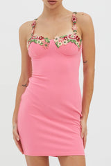 Rose Garden Floral Applique Bodycon Mini Dress Hot Pink
