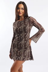 Brown Animal Print Mini Dress Long Sleeve