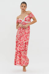 Seina Off-Shoulder Crochet Trim Dress Print Red