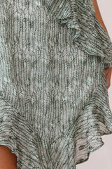 Kindred Ruffle-Trimmed V-Shaped Hem Dress Weave Print Olive