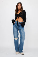 Moon Phase Long Sleeve Crochet Top Black