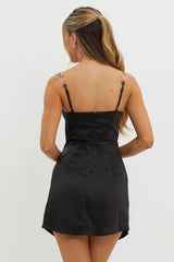 Rose Garden Floral Applique Wrap Mini Dress Black