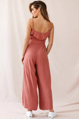 Mason Ruffle Neckline Wooden Buckle Belt Jumpsuit Rose