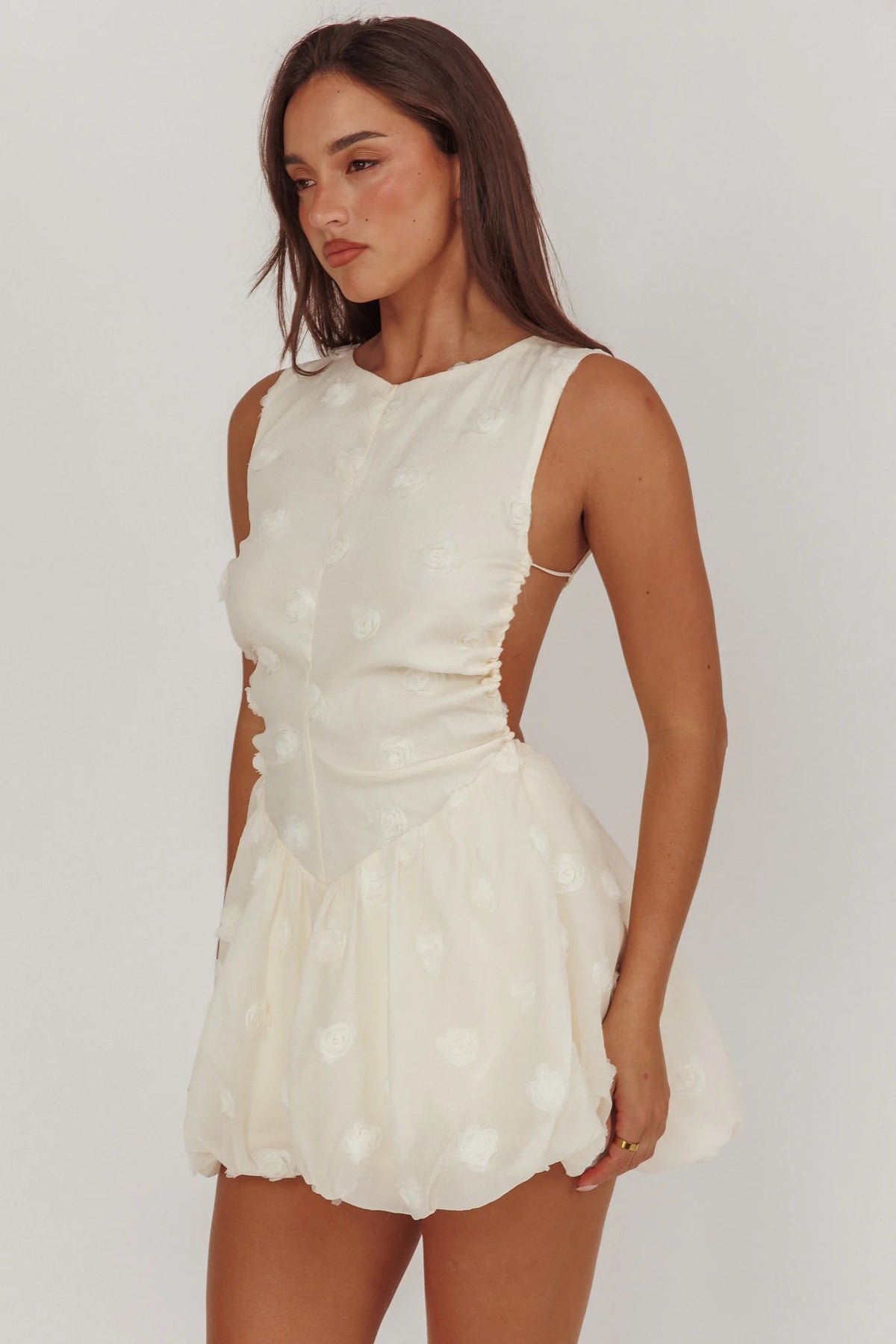 Tealy Cut-Out Back Bubble Mini Dress Cream
