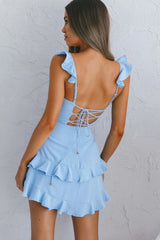 Moonlit Moment Ruffle Trim Piping Detail Lace-Up Back Dress Blue