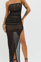 LA Nights Strapless Sheer Midi Dress Black/Nude