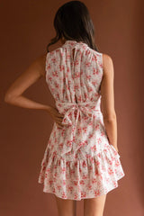 Mandalay High Neck Sleeveless Waistband Dress Vintage Floral Pink