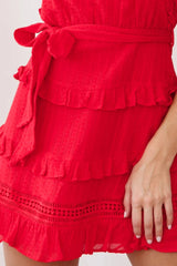 Olga Tiered Frill Detail Waist Tie Dress Red