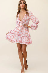 Sunny Daze Long Sleeve Tie-Knot Bust Dress Floral Print Pink