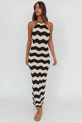 Yelena Halter Neck Knit  Maxi Dress Zig-Zag Cream