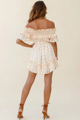 Rita Shirred Off-Shoulder Dress Polka Dot Print Beige