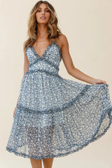 Laney Low Back Cami Strap Midi Dress Floral Print Ink