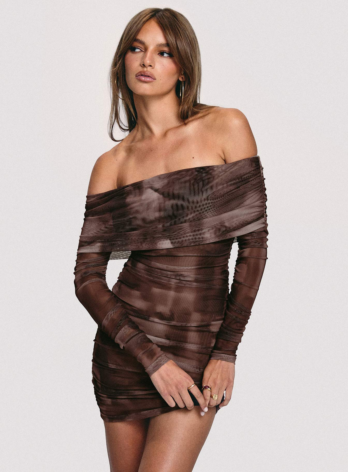 Raquella Long Sleeve Mini Dress Brown