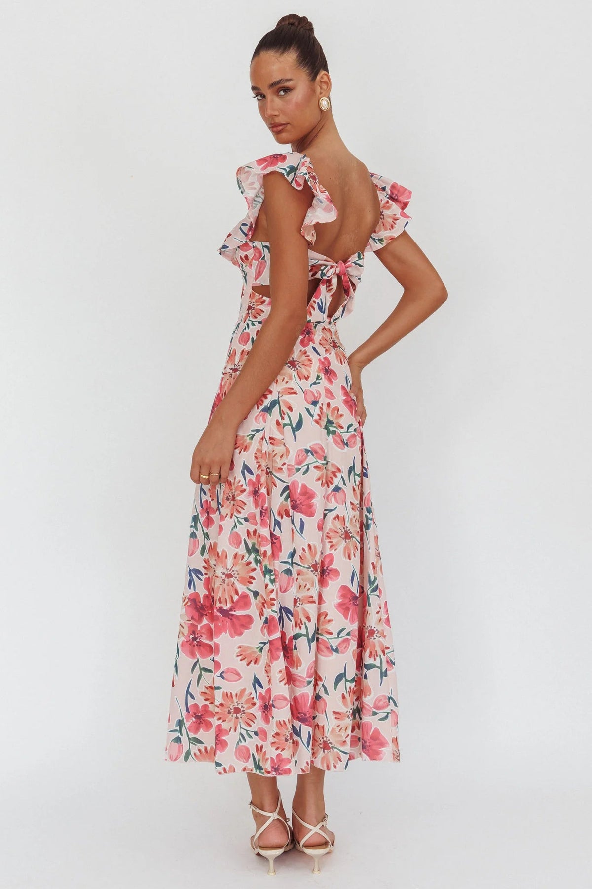 Palms Ruffle Sleeve Tied Back Maxi Dress Floral Pink