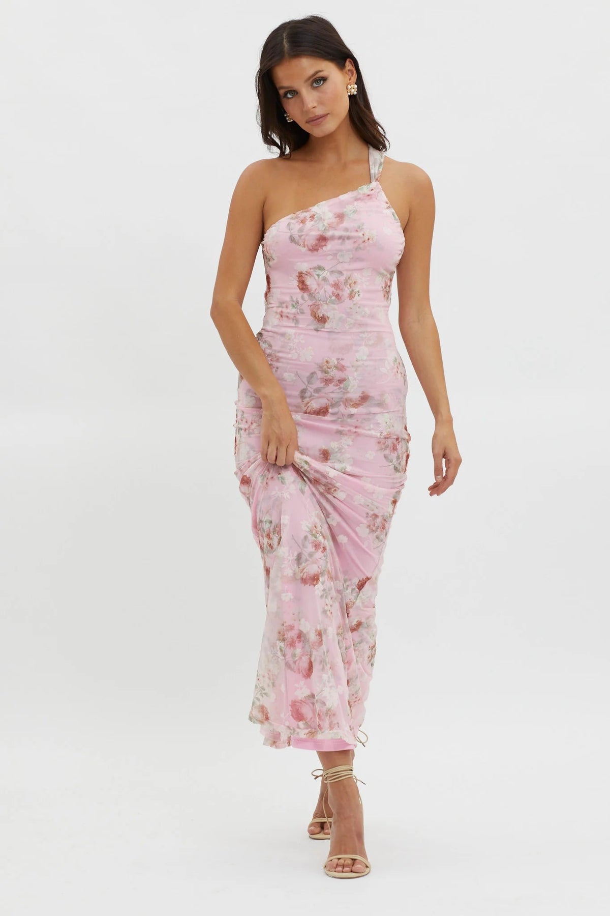 Tatum One-Shoulder Mesh Maxi Dress Pink