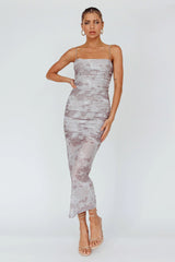 Logan Strapless Ruched Midi Dress Print Sand