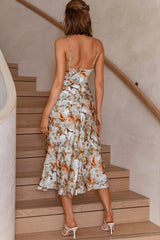 Lake Como Fitted Bodice Cami Strap Midi Dress Abstract Print Sage