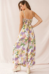 Melita Ruffle V-Neckline Jumpsuit Purple Print