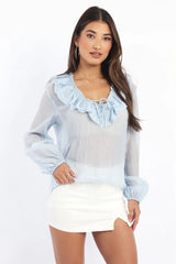 Blue Poet's Top V Neck Long Sleeve Frilled