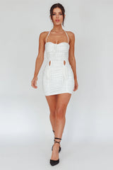 Harli Ruched Drawstring Keyhole Mini Dress White