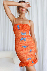 Worth The Wait Ruched Ruffle Hem Mini Dress Butterfly Print Coral