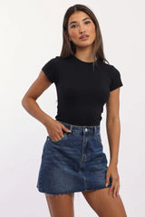 Black T-Shirt Short Sleeve Crew Neck Long Line