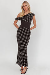 Milos Asymmetric Neckline Maxi Dress Black Dot