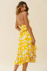 Marigold Peplum Midi Ruffle Dress Floral Print Yellow