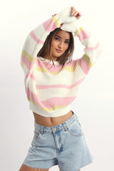 Yellow Stripe Knit Top Long Sleeve Color Block