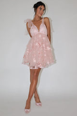 Spring Bloom Tied Shoulder Embellished Mini Dress Pink
