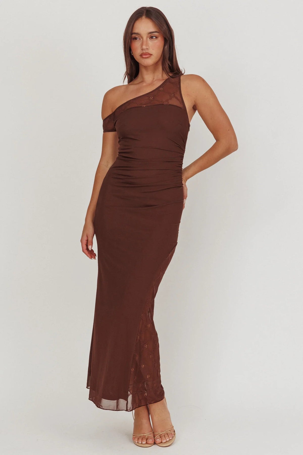 Sher One-Shoulder Lace Panel Maxi Dress Chocolate