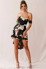 Jessa Off the Shoulder High Low Floral Romper Black