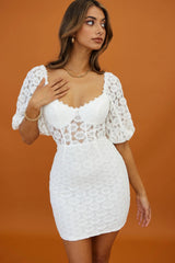 Secret Crush Puff Sleeve Floral Lace Bodycon Dress White