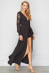 Vana Lacey Crochet Maxi Romper Black