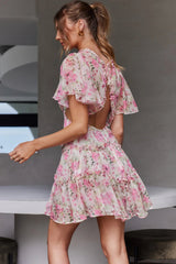 Tres Chic Flutter Sleeve Cut-Out Dress Floral Pink