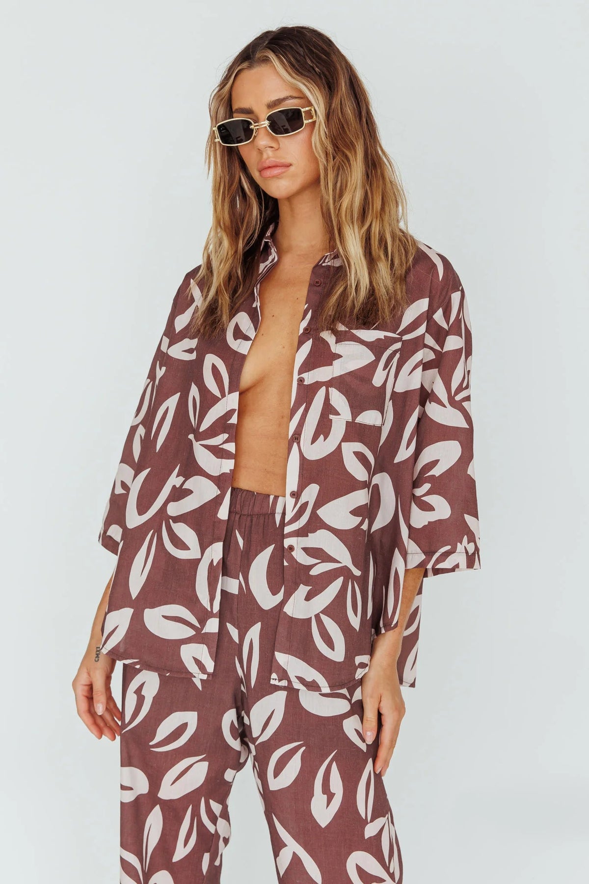 Just A Hunch Button Shirt Leaf Print Chocolate