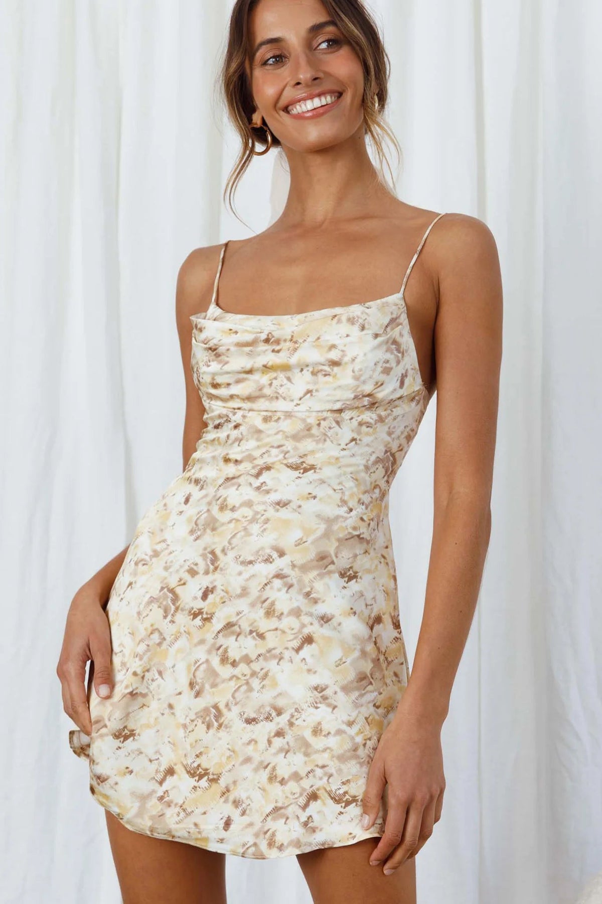 Well Versed Pleated Mini Dress Watercolor Mottle Print Yellow