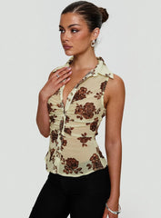 Present Tense Sheer Ruched Top Yellow Floral