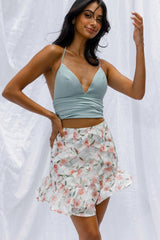 Versa Pintuck Pleat Ruffle Hem Skirt Floral Print White